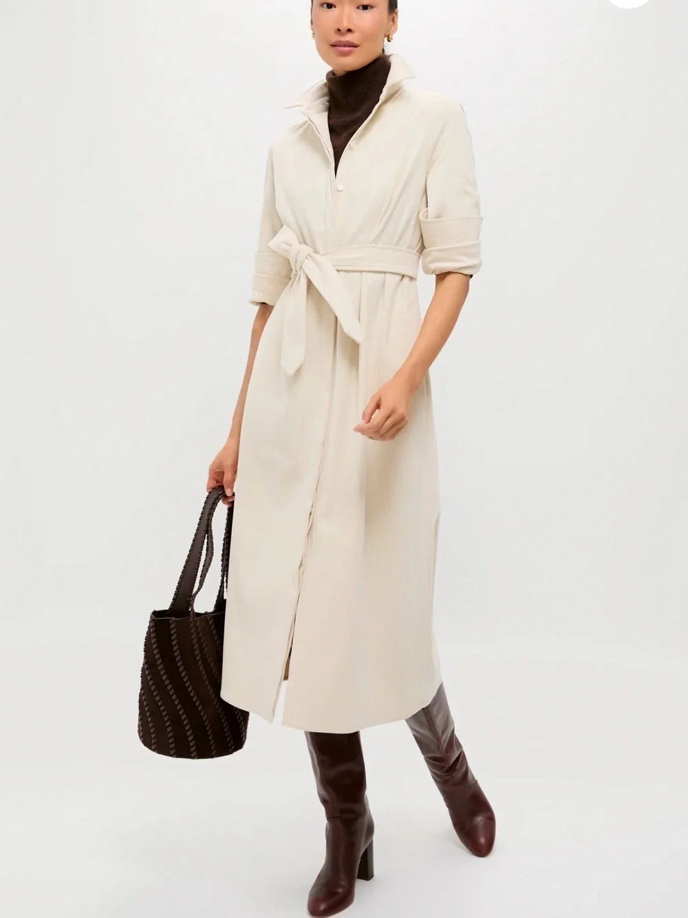 Tuckernuck Cream Corduroy Long-Sleeve Belted Midi Dress